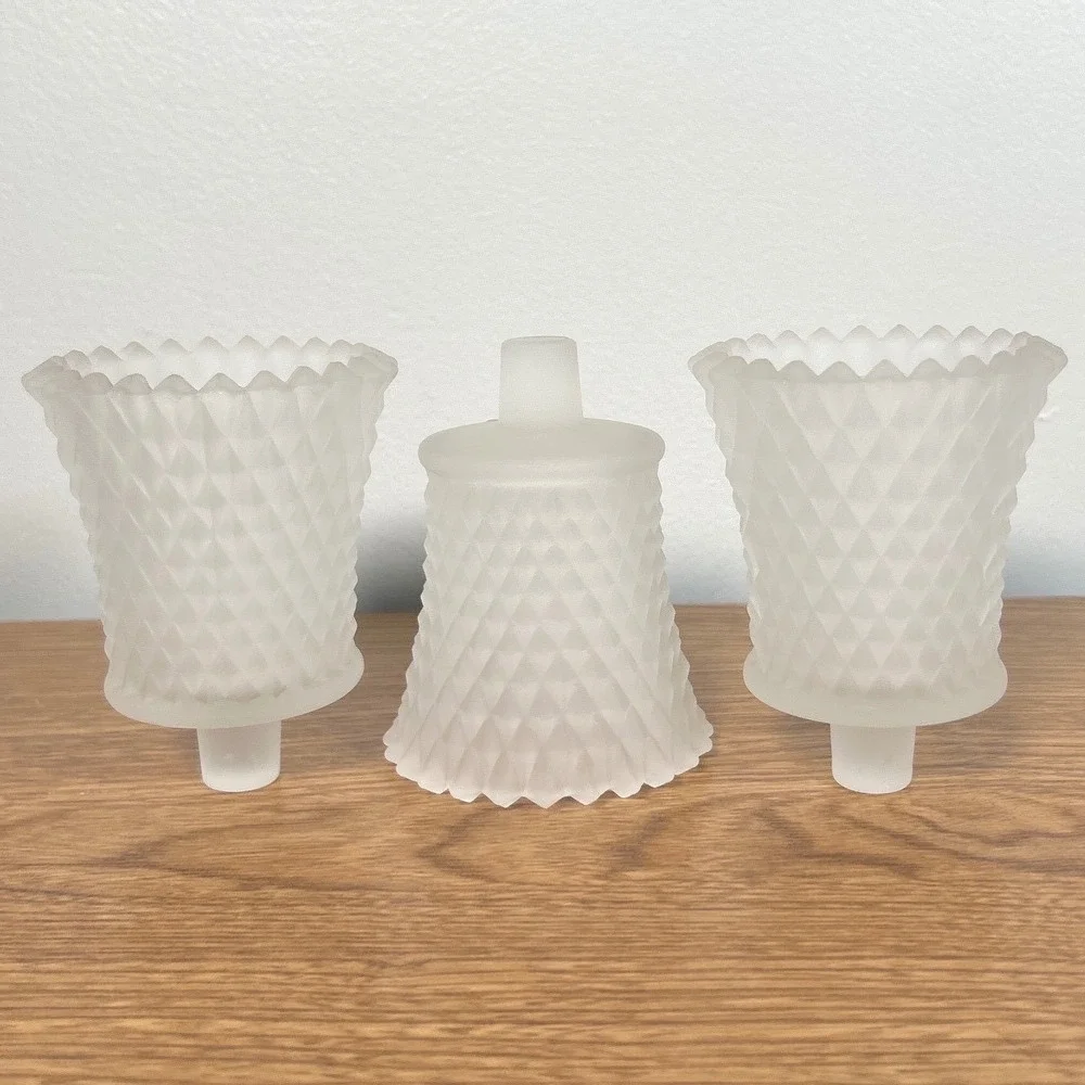 Home Interiors Frosted White Satin Glass Diamond Point Votive Peg Holder 5pc Vtg
